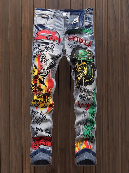 New Foreign Trade Style Jeans Mens Distressed Punk Doodle Jeans Fashion Forward Graffiti Pattern Slim Fit Hip Hop Streetwear