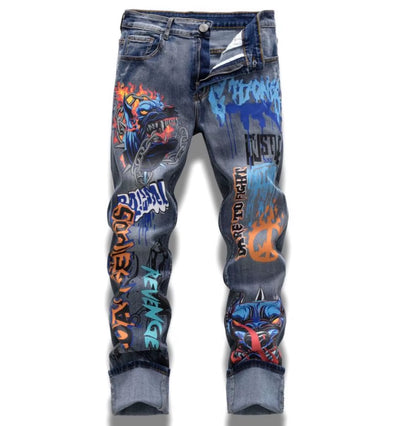 Mens Graffiti Art Denim Jeans Fashionable Street Style Distressed Washed Look Comfort Fit for Spring Autumn Mens Graffiti