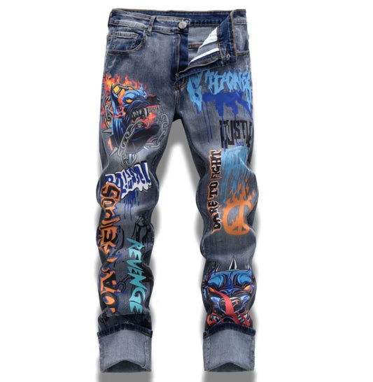 Mens Graffiti Art Denim Jeans Fashionable Street Style Distressed Washed Look Comfort Fit for Spring Autumn Mens Graffiti