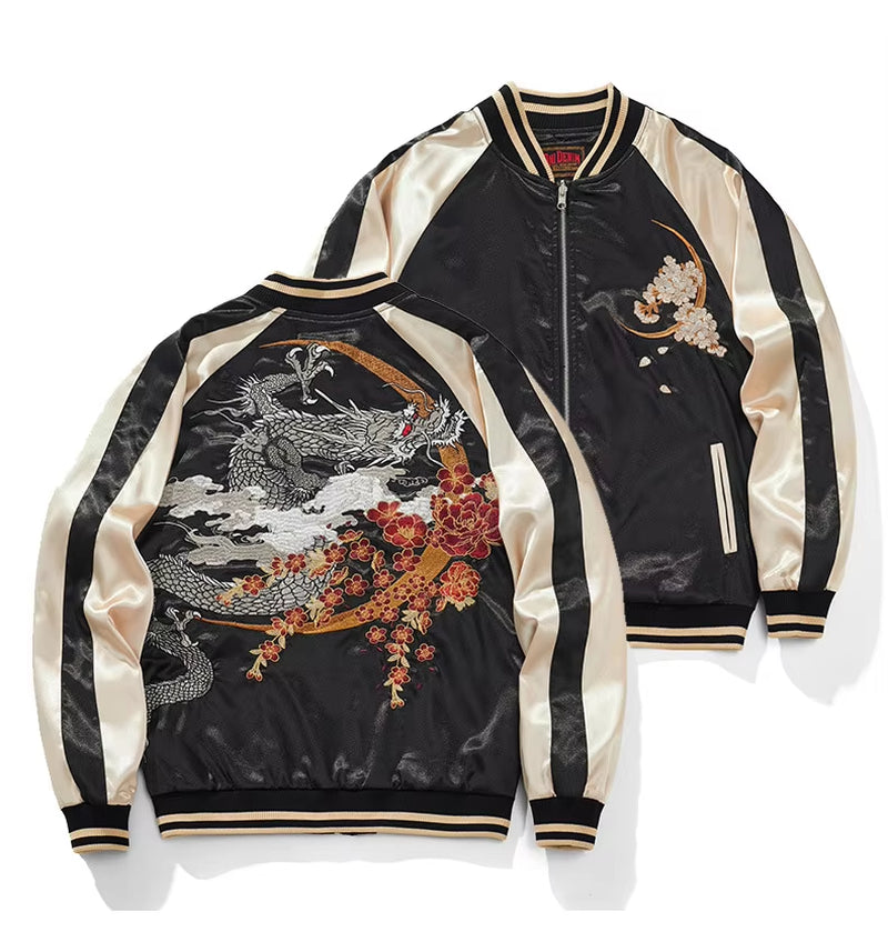 Sukajan Baseball Bomber Men Jacket Satin Luxury Drogan Embroidery Coat Spring Autumn Japan Streetwear 2024