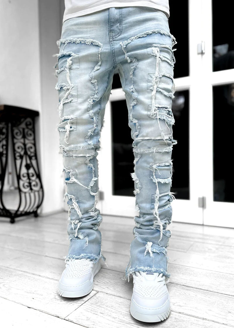 Men Trousers Individual Patched Pants Long Tight Fit Stacked Jeans for Mens Clothing