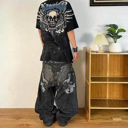 Streetwear PROTECT Jeans Y2K Mens Pants Harajuku Hip Hop Letter Embroidery Vintage Blue Baggy Jeans High Waist Wide Leg Trouser