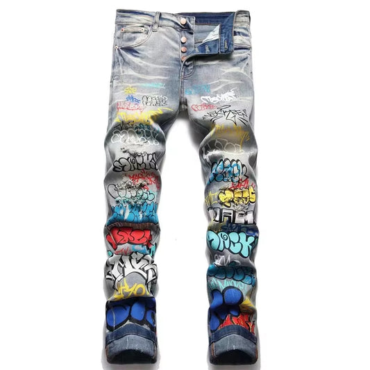 Slim Streetwear Jeans for Men Stretch Denim with Unique Doodles Ripped Skinny Fit Perfect for Hip-Hop Urban Style