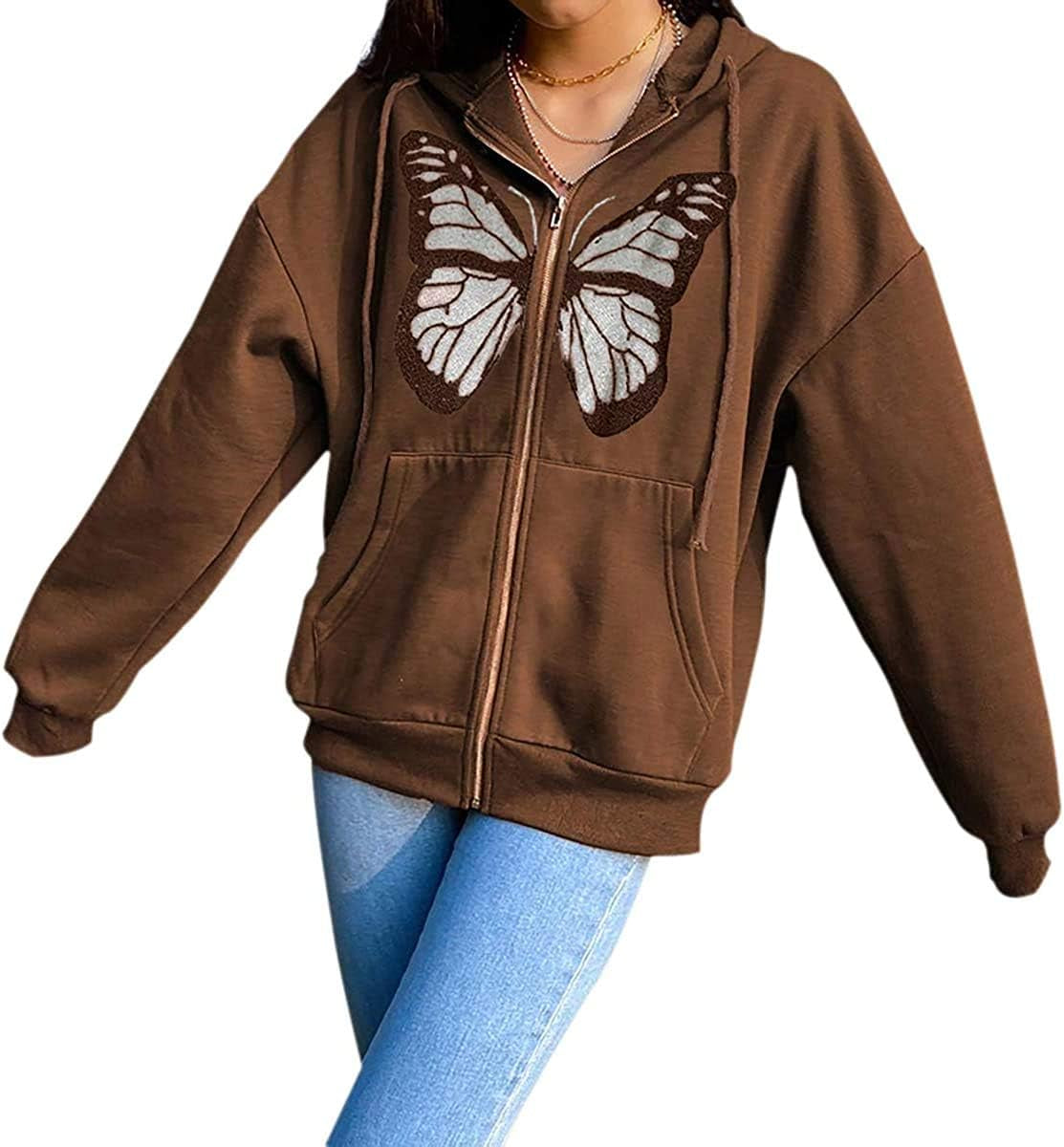 Zip up Hoodies for Women Fashion Casual Long Sleeve Oversized Hoodies Fall Winter Jacket Coat Y2K E Girl Clothes (B Butterfly Brown, Small)