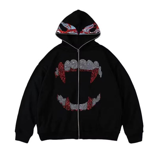 Autumn Fashion Punk Y2K Gothic Grunge Rhinestones Teeth Zip up Hoodies Long Sleeve Coat Sweatshirt Jacket Streetwear