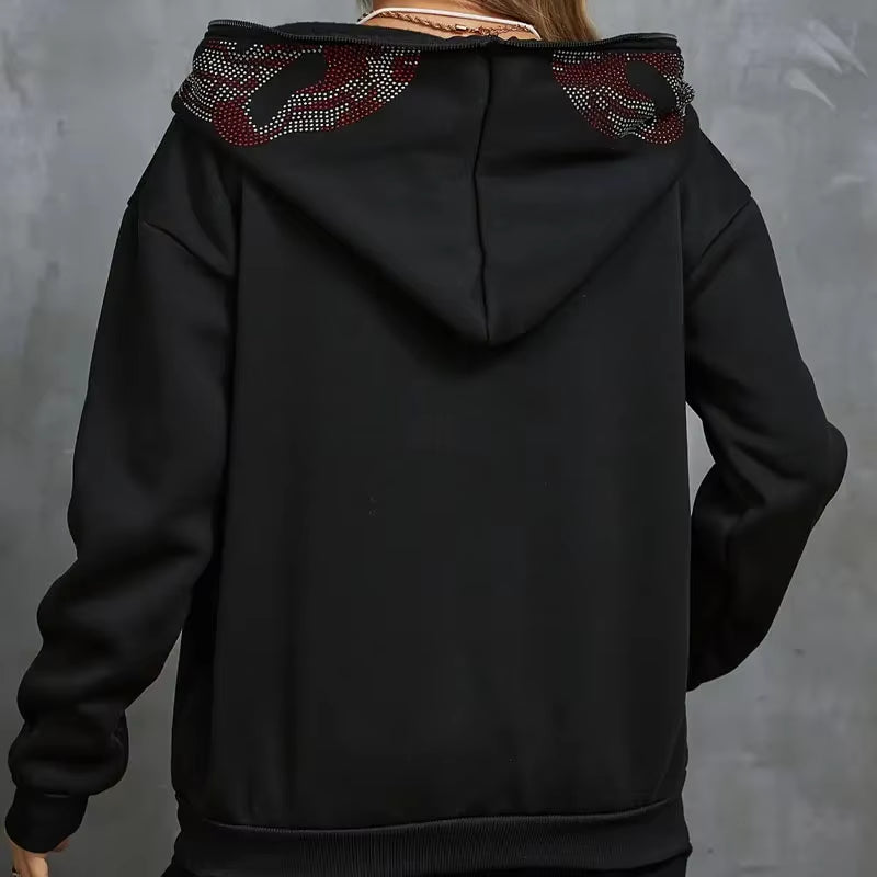 Autumn Fashion Punk Y2K Gothic Grunge Rhinestones Teeth Zip up Hoodies Long Sleeve Coat Sweatshirt Jacket Streetwear