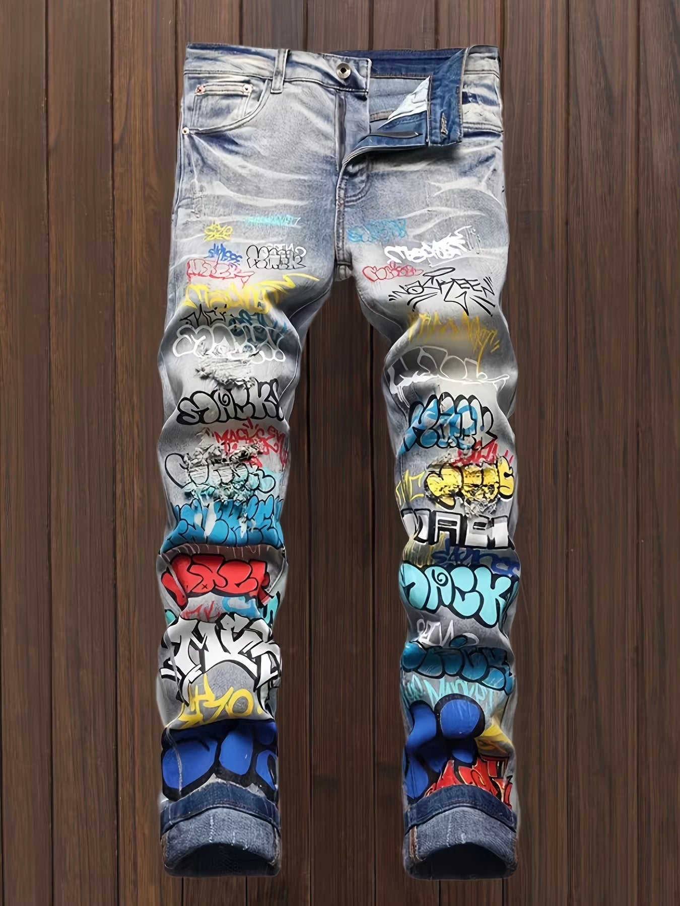 Slim Streetwear Jeans for Men Stretch Denim with Unique Doodles Ripped Skinny Fit Perfect for Hip-Hop Urban Style