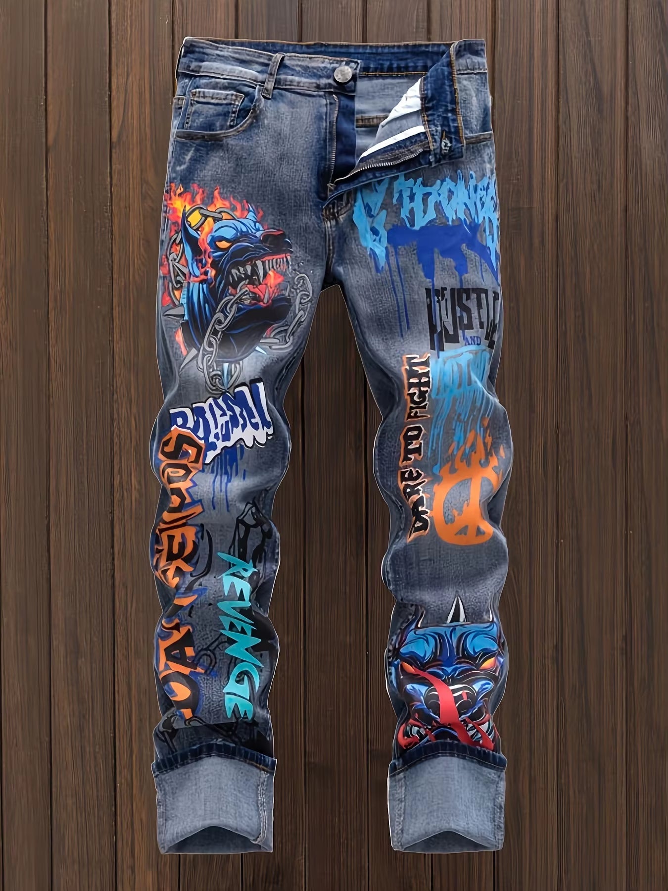 Mens Graffiti Art Denim Jeans Fashionable Street Style Distressed Washed Look Comfort Fit for Spring Autumn Mens Graffiti