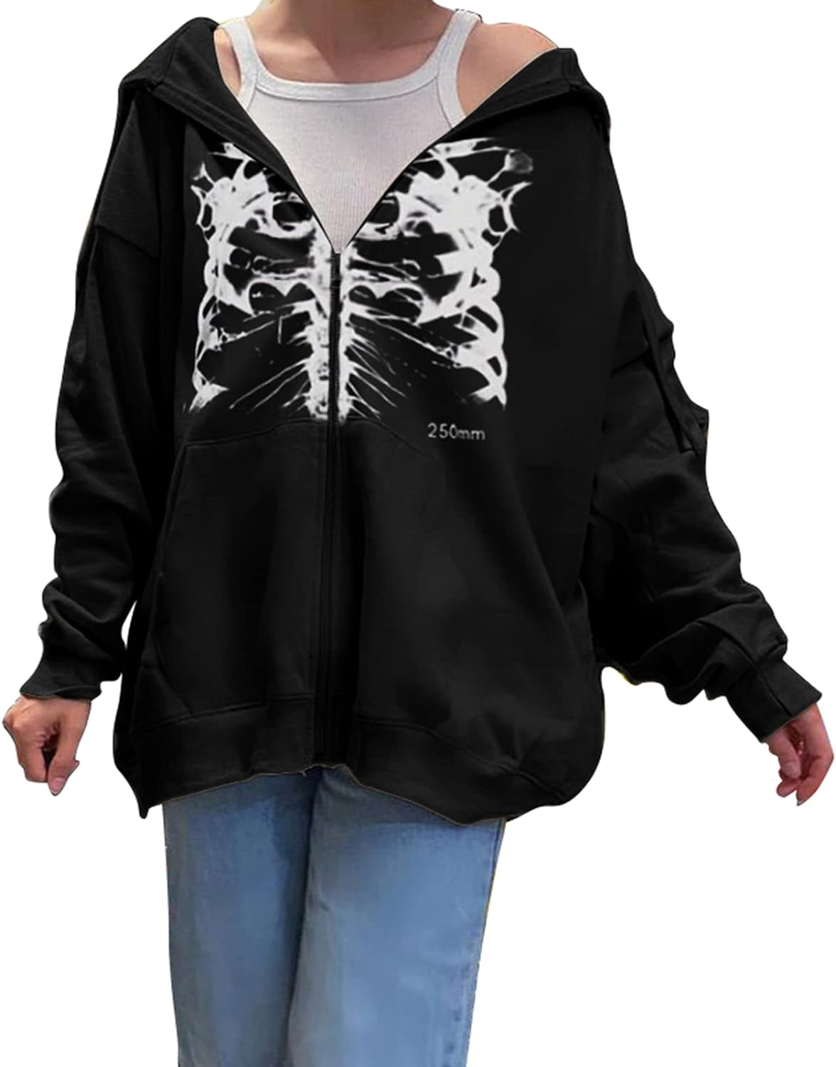 Women Oversized Graphic Print Hoodie Long Sleeve Zip up Casual Coat Jacket Hip Hop Y2K E-Girl Streetwear