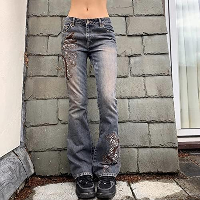 Indie Aesthetics E-Girl Vintage Trousers for Women Low Waist Flare Pants Slim Fit Pockets Fashion Black Pants Y2K Streetwear