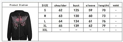 Women Y2K Vintage Zip up Hoodies Long Sleeve Rhinestone Heart Wings Print Sweatshirts Casual Fashion E-Girls Streetwear Black