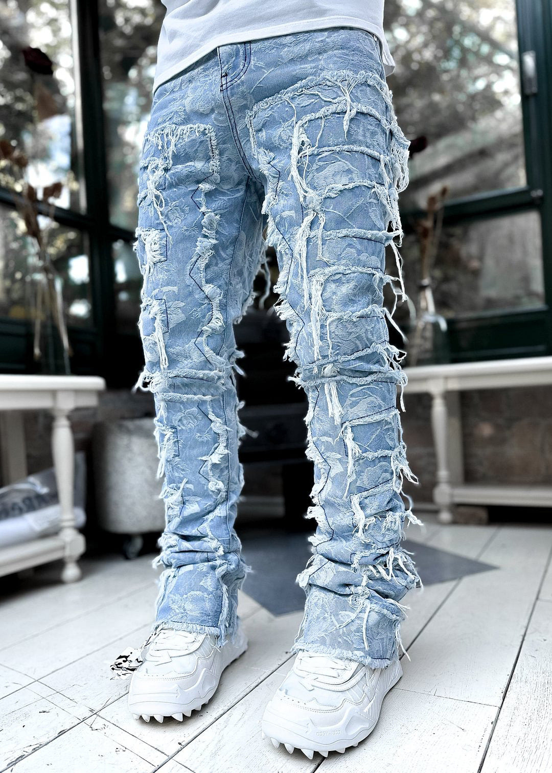 Men Trousers Individual Patched Pants Long Tight Fit Stacked Jeans for Mens Clothing