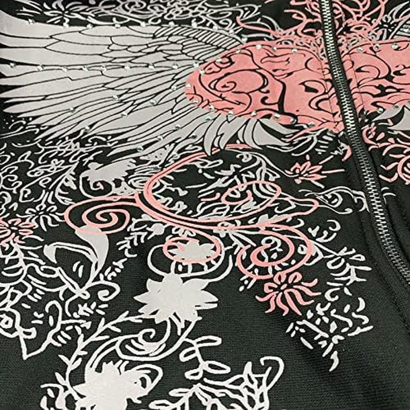 Women Y2K Vintage Zip up Hoodies Long Sleeve Rhinestone Heart Wings Print Sweatshirts Casual Fashion E-Girls Streetwear Black