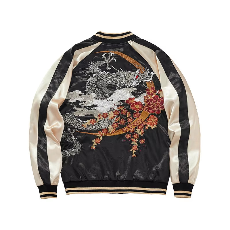 Sukajan Baseball Bomber Men Jacket Satin Luxury Drogan Embroidery Coat Spring Autumn Japan Streetwear 2024