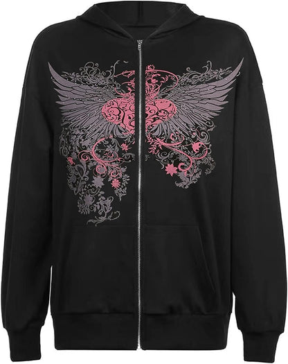 Women Y2K Vintage Zip up Hoodies Long Sleeve Rhinestone Heart Wings Print Sweatshirts Casual Fashion E-Girls Streetwear Black