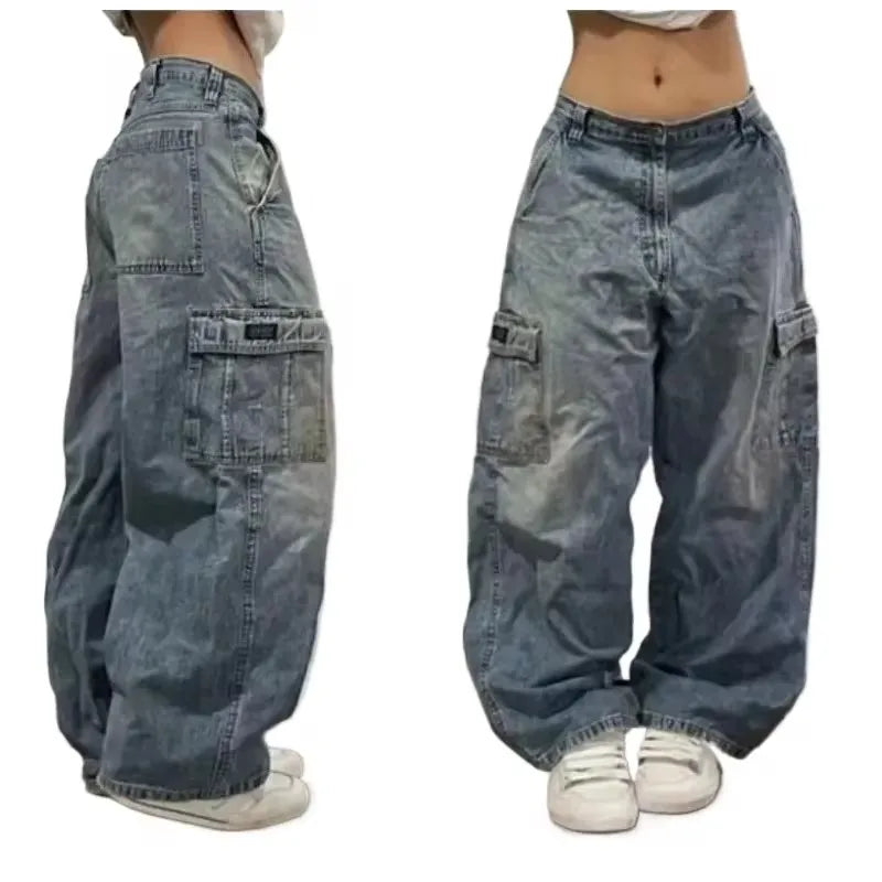 Streetwear PROTECT Jeans Y2K Mens Pants Harajuku Hip Hop Letter Embroidery Vintage Blue Baggy Jeans High Waist Wide Leg Trouser