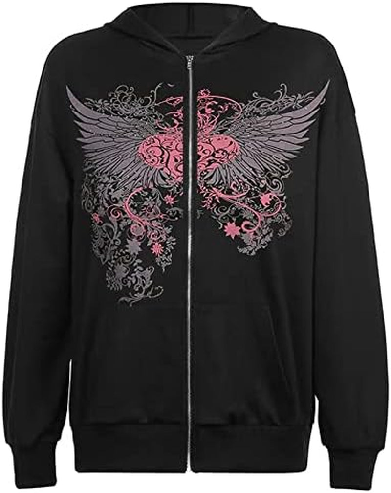 Women Y2K Vintage Zip up Hoodies Long Sleeve Rhinestone Heart Wings Print Sweatshirts Casual Fashion E-Girls Streetwear Black